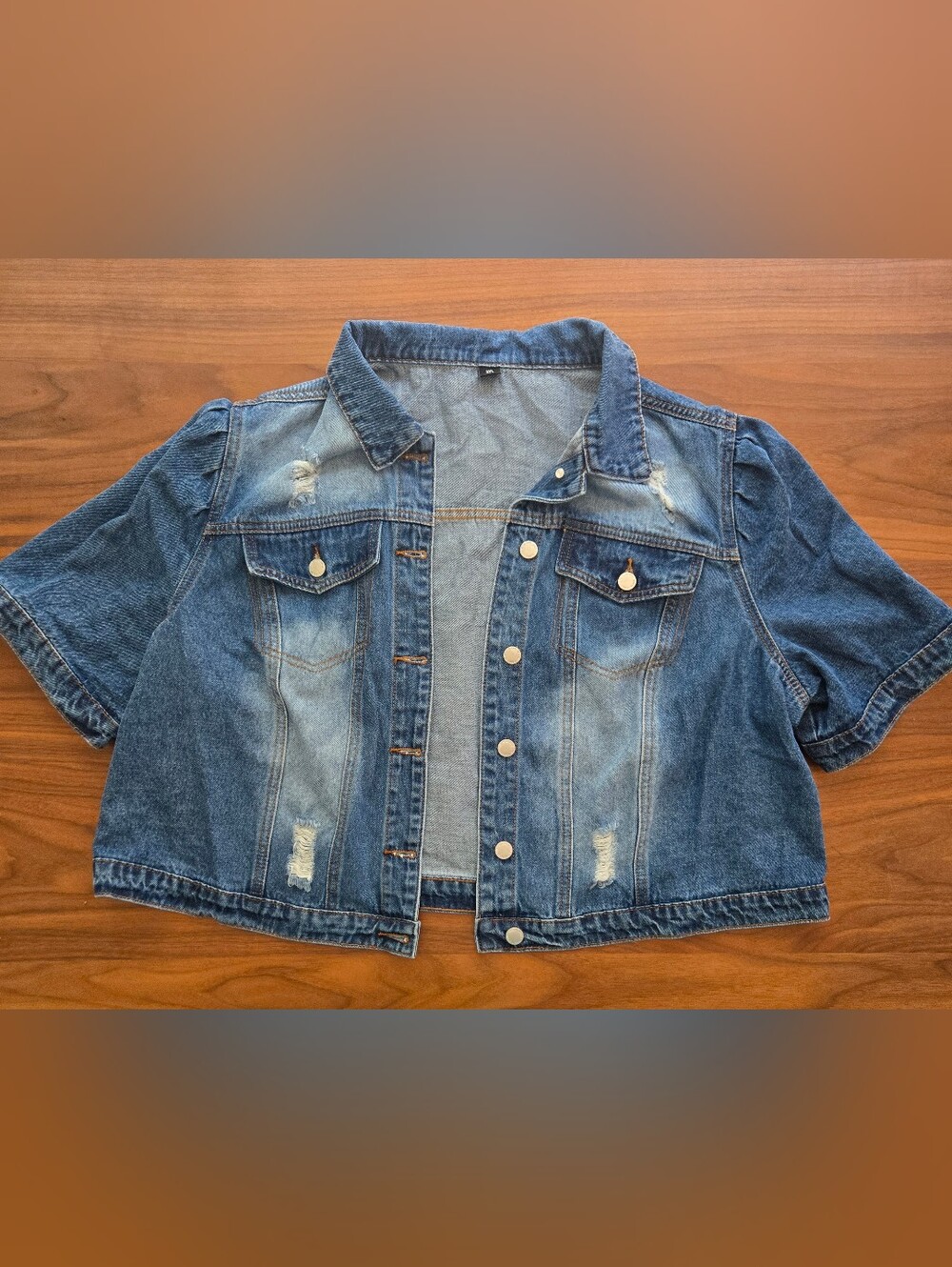 Distressed Cropped Short Sleeve Denim Jacket Puff Sleeve 3XL Jean Jacket